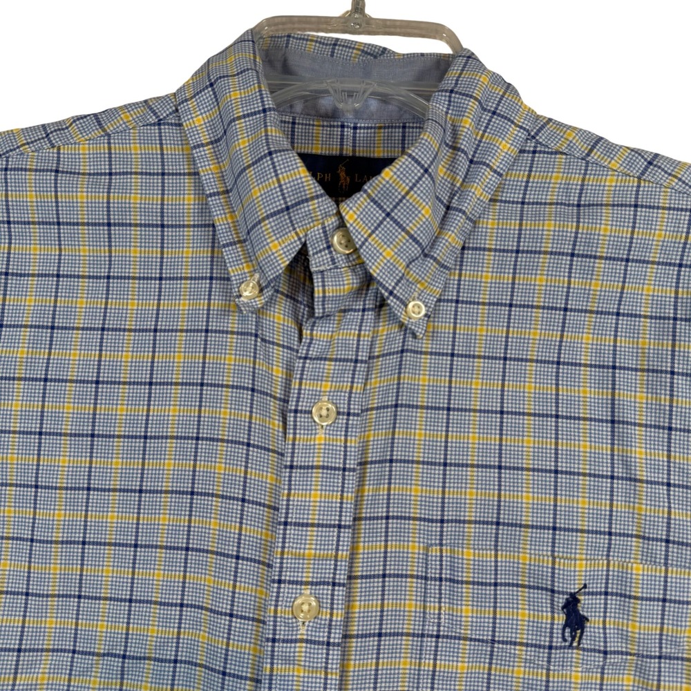 Ralph Lauren Button Down Shirt Mens Medium Blue Plaid Slim Fit Short Sleeve